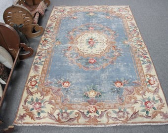 Vintage Turkish Area Rug, Floral Design, Blue and Beige Colors, 5x8ft, Elegant Home Decor, Traditional Handwoven Carpet