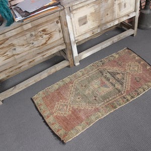 Vintage Turkish Rug, Small Oushak Handmade Anatolian Carpet, 2x3 ft, Rustic Wool Decor, Accent Kitchen Bathroom Mat, Muted Colors