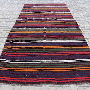 Vintage Turks kelimtapijt, kleurrijk gestreept ontwerp, handgeweven wol, 6 x 12 ft, uniek tapijt voor huisdecoratie