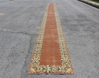 Turkish Rug, Runner Carpet, Vintage Rug, 3x35ft Orange Carpet, Decorative Hallway Rug, Handwoven Wool Runner