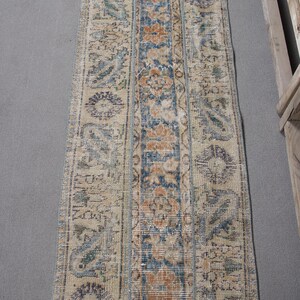 Vintage Turkish Rug, 1.9x4.6 ft Oushak Rug, Blue Striped Wool Rug