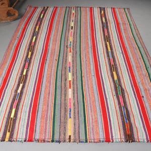 Vintage Turkish Kilim Rug, Colorful Striped Design, 5x8ft, Handwoven Bohemian Area Carpet, Vibrant Home Decor
