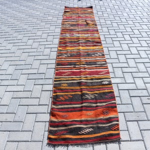 Vintage Kilim, Runner Kilim, Turkish Kilim, Home Decor Kilim, 25x133 inches Black Kilim, Office Kilim, Stair Kilim,  3479