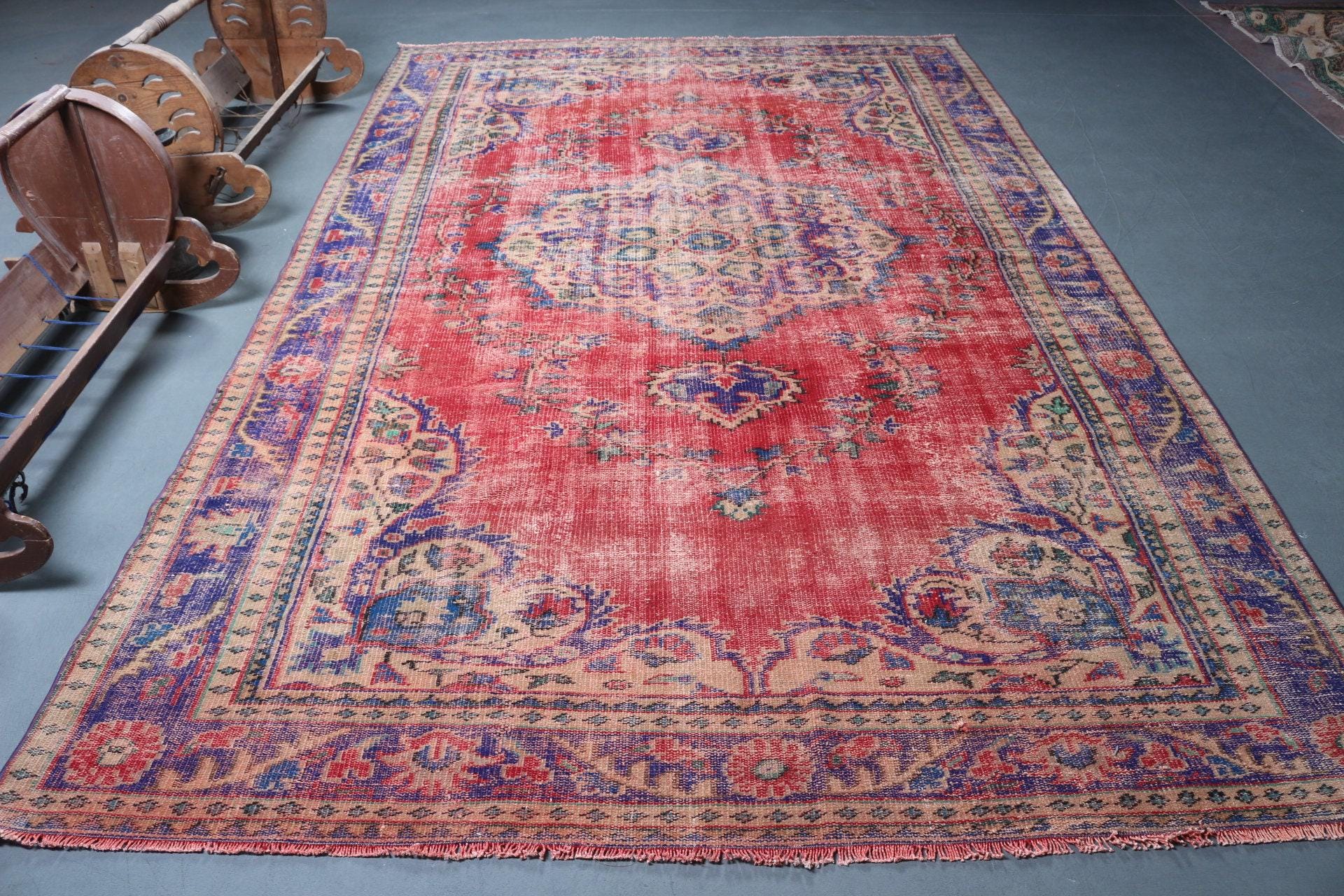 ラグ・カーペット Turkish carpet Vintage Turkish Rug, 7x11ft Large Carpet, Red Oushak Area Rug