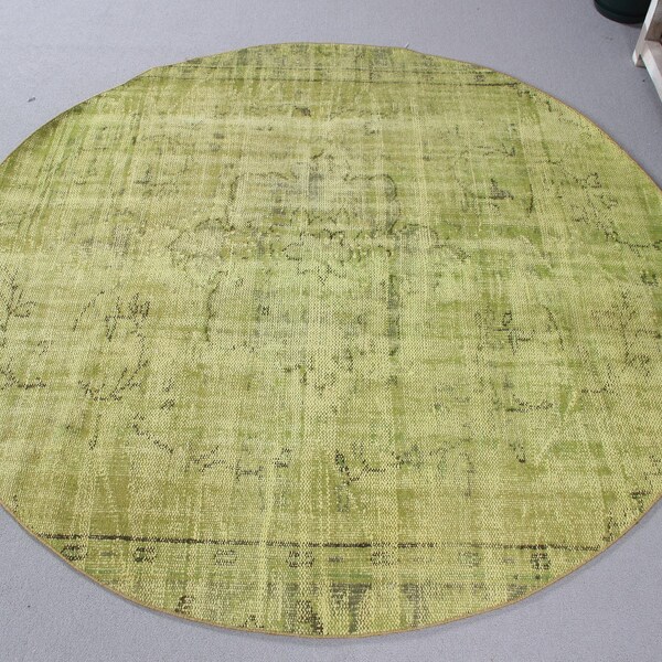 Round Rug, 6x6 Area Rug, Vintage Rug, Turkish Rug, Overdyed Oushak Rugs, Rugs For Dining Room, 5.5x5.5 ft Yellow Rug, Colorful Area Rug,