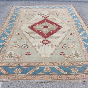 Vintage Rug, Turkish Rug, Large Carpet, Home Decor Carpet, 84x110 inches Beige Carpet, Handmade Salon Rug, Tribal Living Room Rugs,  2129