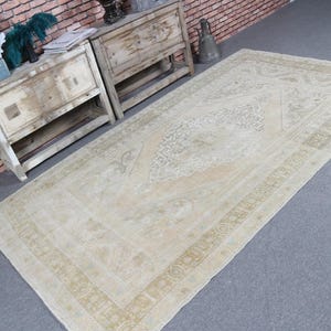 Vintage Turkish Area Rug, Beige and Yellow Tones, 5x8ft Size, Intricate Patterns, Elegant Decor Piece, Handwoven Carpet