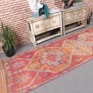 Herki Rug, Vintage Rug, Runner Rugs, Turkish Rug, Anatolian Rug, Rugs For Stair, 3.2x11.6 ft Pink Rug, Corridor Rugs, Gift For Her,  5741