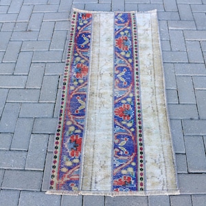 Vintage Turkish Door Mat, 2x4ft Handmade Rug, Blue and Red Floral Pattern, Bohemian Decor, Unique Colorful Design