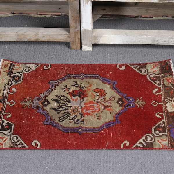Small Rug Turkish Vintage Oushak Rugs For Bathroom 1.5x2.4 ft Red Door Mat Oriental Wool Aztec Decorative Abstract Office Ethnic Nomadic