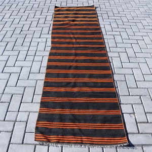 Runner Kilim, Vintage Kilim, Turkish Kilim, Antique Kilim, 28x103 inches Black Kilim, Handmade Kilim, Hallway Kilim,  3459