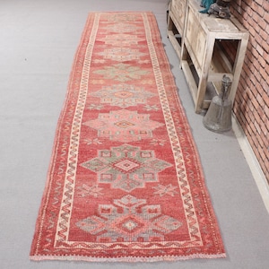 Vintage Rug, Turkish Rug, 3x13 Runner Rugs, Herki Rug, Decorative Rugs, Rugs For Stair, 2.8x12.2 ft Pink Rug, Colorful Vintage Rug, Wool Rug