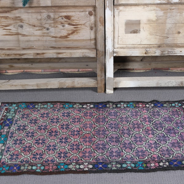 Small Rugs Vintage Turkish Antique For Bathroom 1.9x3.8 ft Purple Floor Entry Hand Tufted Hand Knotted Neutral Turkish Turkish Rug for Wall