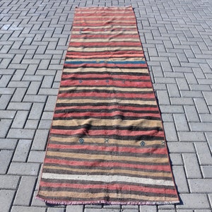 Vintage Kilim, Runner Kilim, Turkish Kilim, Oushak Kilim, 32x125 inches Black Kilim, Tribal Kilim, Stair Kilim,  3464