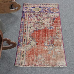 Vintage Turkish Rug, Door Mat 2x4ft, Unique Red and Blue Design, Handmade Woven Carpet, Floral Patterns, Bold Colorful Home Decor