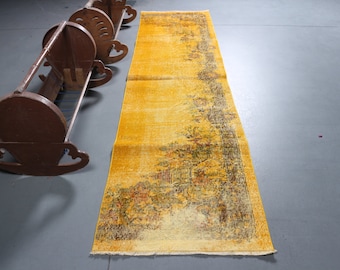 Turkish Rug, Vintage Rug, Runner Rug, Home Decor Rug, 32x126 inches Yellow Carpet, Handmade Corridor Rugs, Decorative Kitchen Rugs,  3608