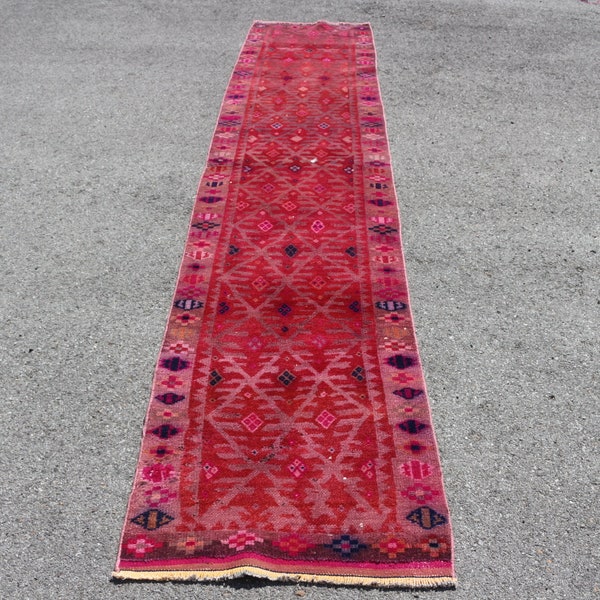 Herki Rug, Vintage Rug, Turkish Rug, Runner Carpet, 29x145 inches Red Rug, Decorative Corridor Carpet, Wool Hallway Carpet,  1420