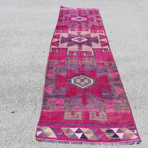 Vintage Turkish Rug, Runner Rug, Anatolian Carpet, Pink Geometric Design, 88x375cm, 3x12ft, Handmade Wool Kilim Rug, Bohemian Home Decor