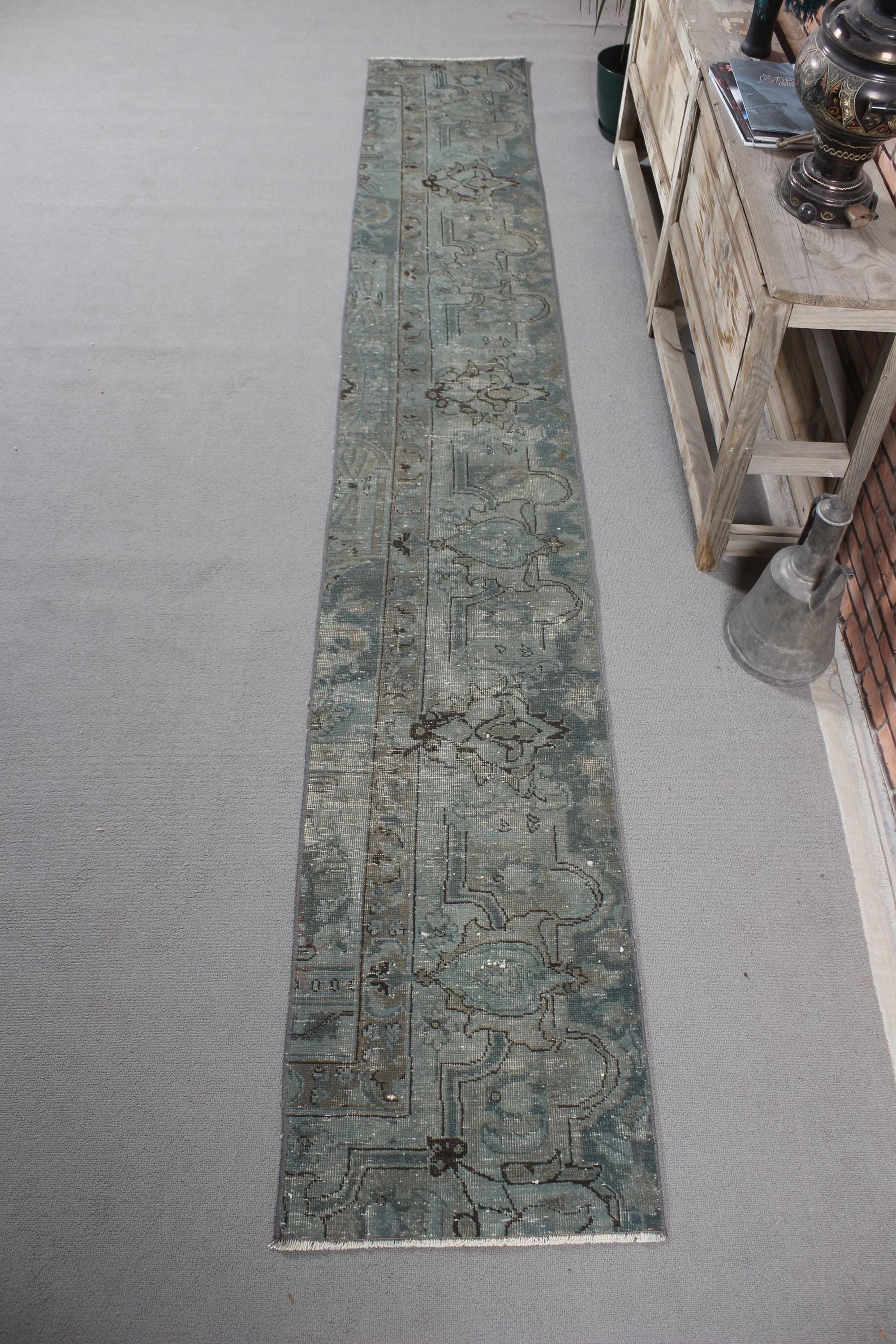 Vintage Turkish Runner Rug, 2x11ft, 50x342cm, Green Hallway Rug, Soft Washable Tribal Design, Corridor Rug, Unique Home Decor