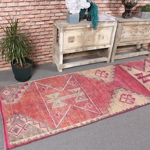 Vintage Rug, Runner Rugs, Herki Rug, Turkish Rug, Anatolian Rug, Rugs For Stair, 2.7x10.1 ft Pink Rug, Hallway Rug, Vintage Runner Rug, 5677