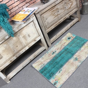 Dywan vintage 1,8 x 2,7 stopy, mały turecki dywan, niebieski patchworkowy dywan wełniany