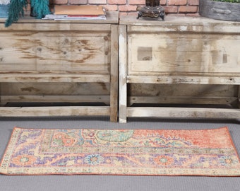 Turkish Rug Vintage Small Faded Anatolian Rugs For Entry 1.7x4.1 ft Beige Door Mat Vintage Handmade Turkish Rug Decorative Oushak Pastel