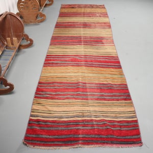 Turkish Kilim, Vintage Runner, Red Striped Kilim, Hallway Rug, 3x12ft Kilim, Handmade Wool Rug, Cozy Corridor Carpet