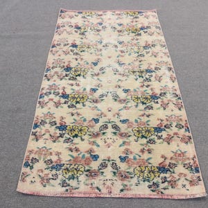 Vintage Turkish Rug, Handwoven Carpet, Decorative Area Rug, 3x6ft Beige Floral Design, Living Room Accent Rug, Unique Home Decor