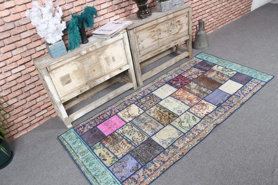 Vintage Patchwork Accent Rug, Multicolor Bohemian Design, 3x6ft