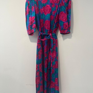 Vintage Adrianna Papell Silk 1/2 Sleeve Midi Dress Pink Teal Floral Belt Sz 8 image 3
