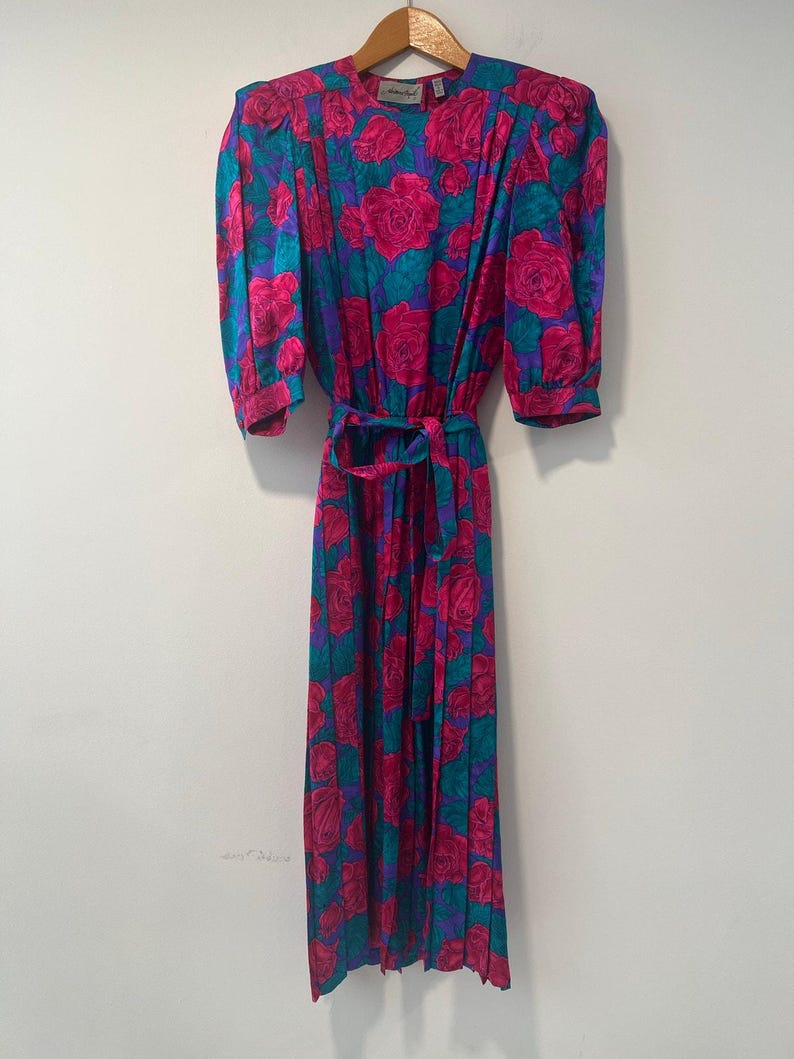 Vintage Adrianna Papell Silk 1/2 Sleeve Midi Dress Pink Teal Floral Belt Sz 8 image 3