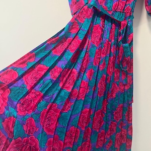 Vintage Adrianna Papell Silk 1/2 Sleeve Midi Dress Pink Teal Floral Belt Sz 8 image 7