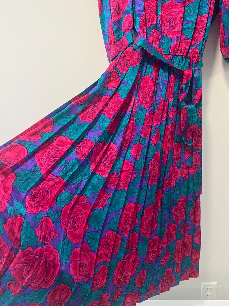Vintage Adrianna Papell Silk 1/2 Sleeve Midi Dress Pink Teal Floral Belt Sz 8 image 7