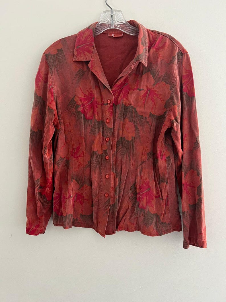 Vintage Tencel Rayon Button Down-skjorta Röd Blommig Storlek Small bild 1