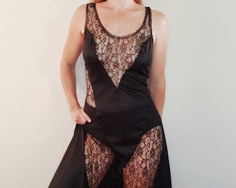 Vintage 90s Silky & Lace Cut Outs Long Nightgown Black Size Medium