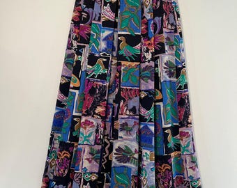 Geiger Rare Collections Pleated Midi Skirt Unique Colorful Bird Print Medium