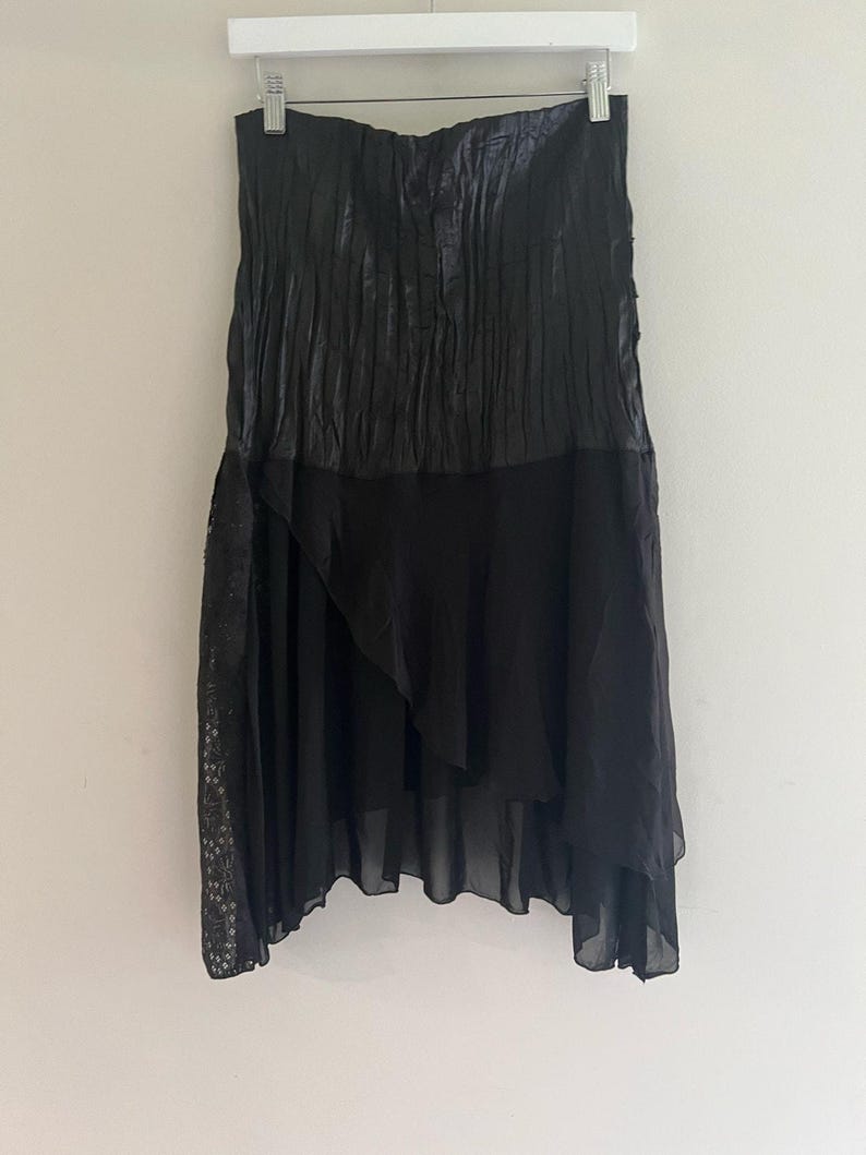 Hazel Anthropologie 100% Silk Midi Skirt w Lace Asymmetrical Hem Split Medium image 5