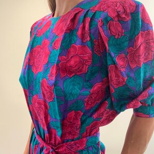 Vintage Adrianna Papell Silk 1/2 Sleeve Midi Dress Pink Teal Floral Belt Sz 8 image 2