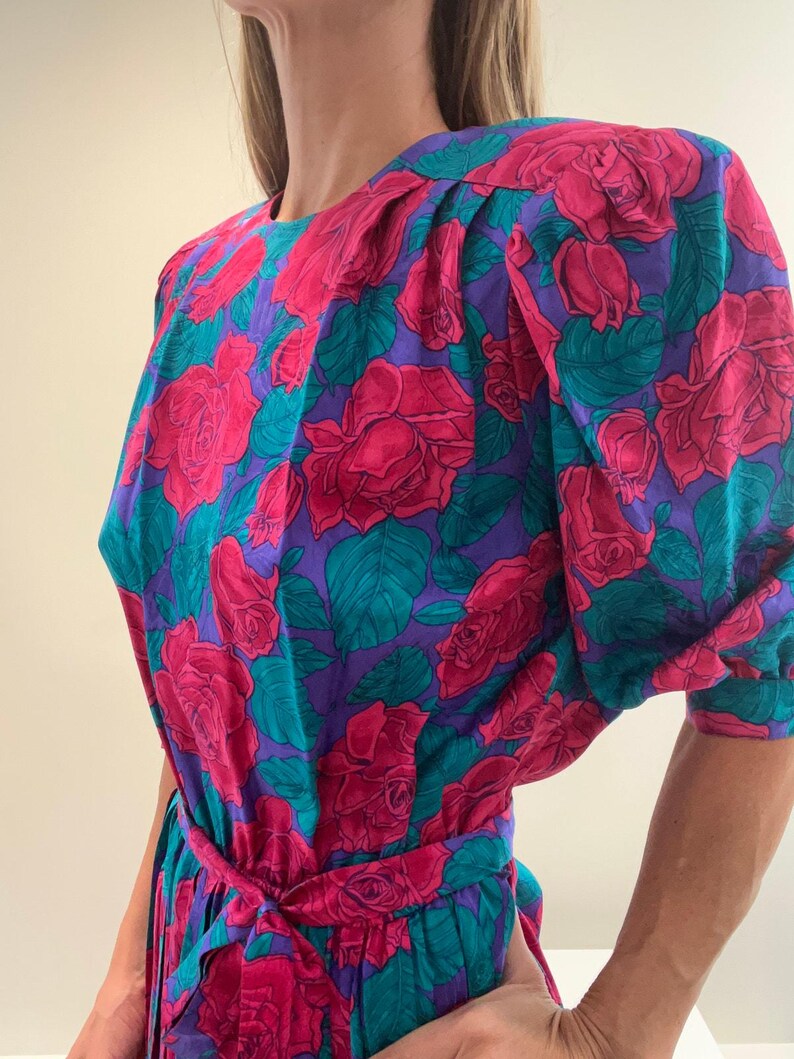Vintage Adrianna Papell Silk 1/2 Sleeve Midi Dress Pink Teal Floral Belt Sz 8 image 2