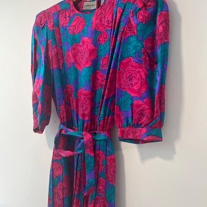 Vintage Adrianna Papell Silk 1/2 Sleeve Midi Dress Pink Teal Floral Belt Sz 8 image 4