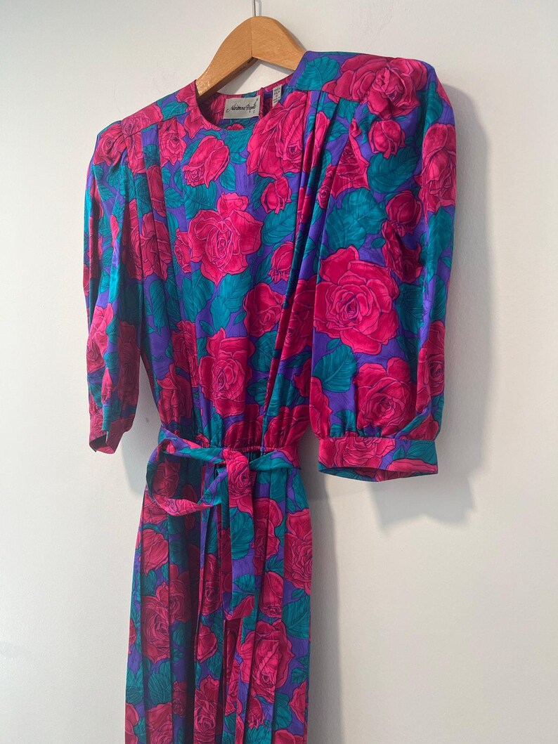 Vintage Adrianna Papell Silk 1/2 Sleeve Midi Dress Pink Teal Floral Belt Sz 8 image 4