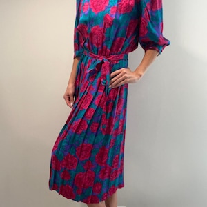 Vintage Adrianna Papell Silk 1/2 Sleeve Midi Dress Pink Teal Floral Belt Sz 8 image 1