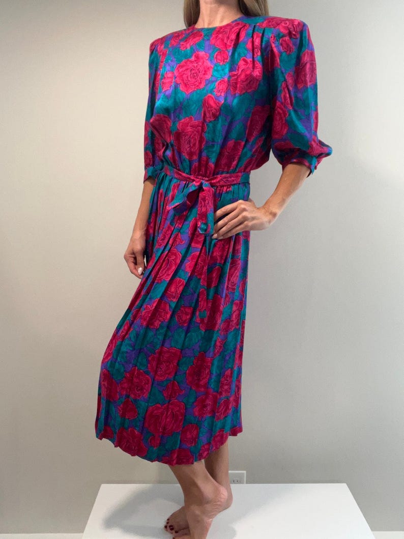Vintage Adrianna Papell Silk 1/2 Sleeve Midi Dress Pink Teal Floral Belt Sz 8 image 1
