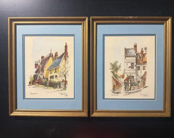 Gesigneerd paar ingelijste prenten van Philip Bawcombe: "The Royal Oak" en "Jerusalem Inn".