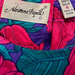 Vintage Adrianna Papell Silk 1/2 Sleeve Midi Dress Pink Teal Floral Belt Sz 8 image 6