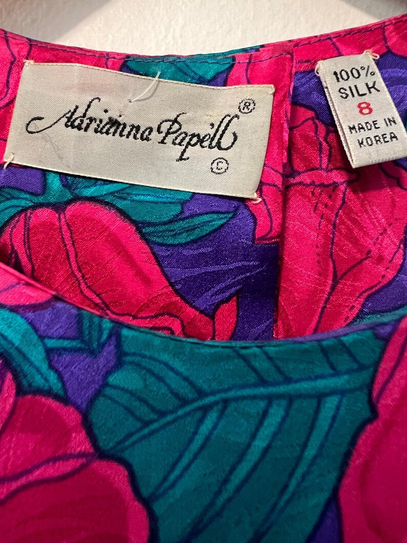 Vintage Adrianna Papell Silk 1/2 Sleeve Midi Dress Pink Teal Floral Belt Sz 8 image 6