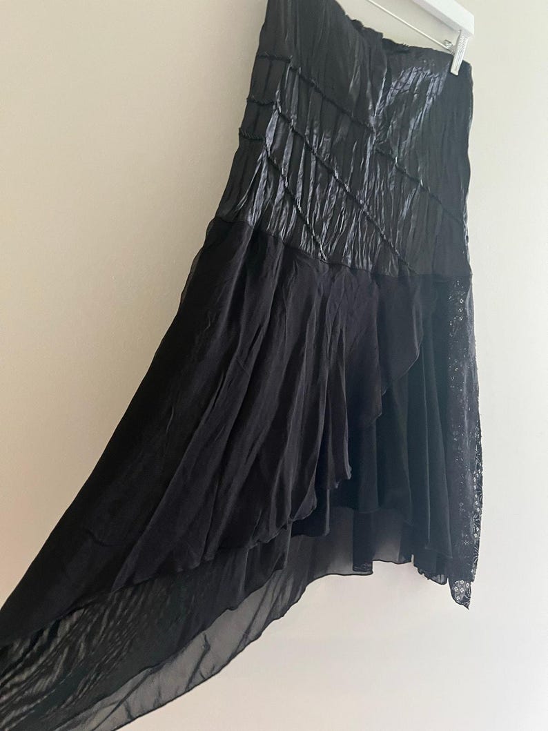 Hazel Anthropologie 100% Silk Midi Skirt w Lace Asymmetrical Hem Split Medium image 3