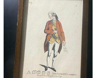 Satirisk etsning från 1700-talet En makaronispelare 1772 av Matthias och Mary Darly