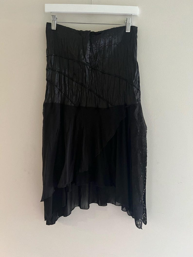 Hazel Anthropologie 100% Silk Midi Skirt w Lace Asymmetrical Hem Split Medium image 1