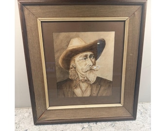 Pastel Etching Portrait of Buffalo Bill (William F. Cody) Framed Sepia 16X15"